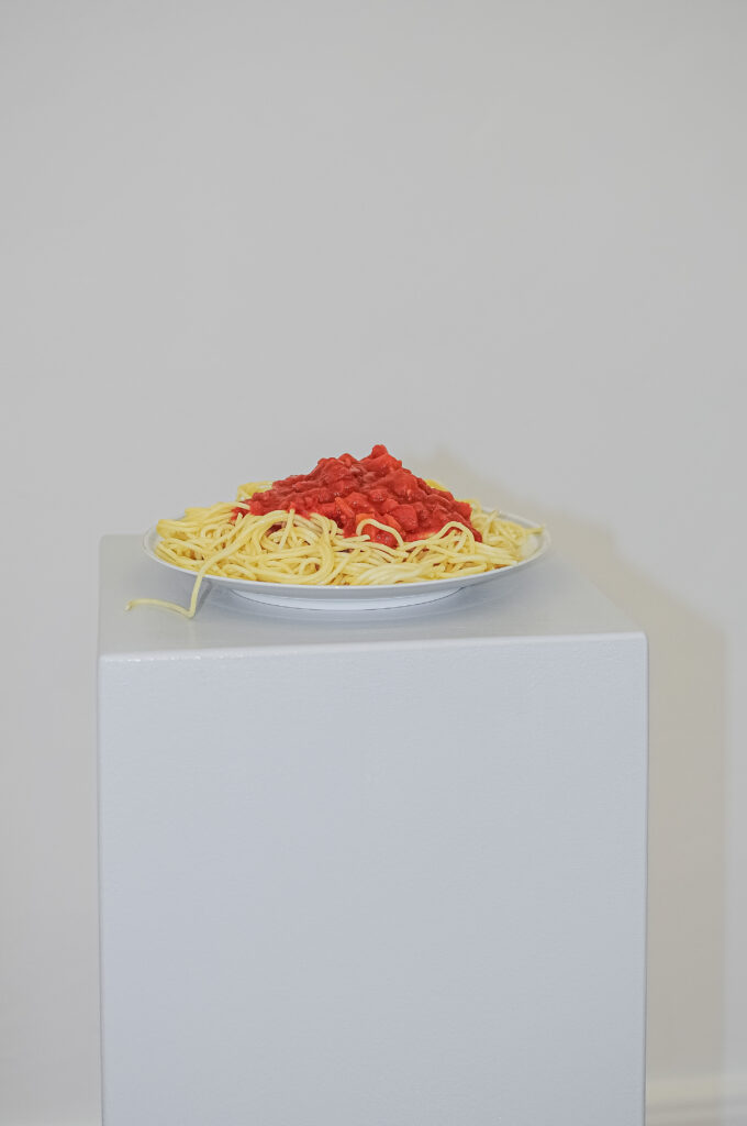 artwork: pasta with tomato sauce on a white plate on a grey pedestal