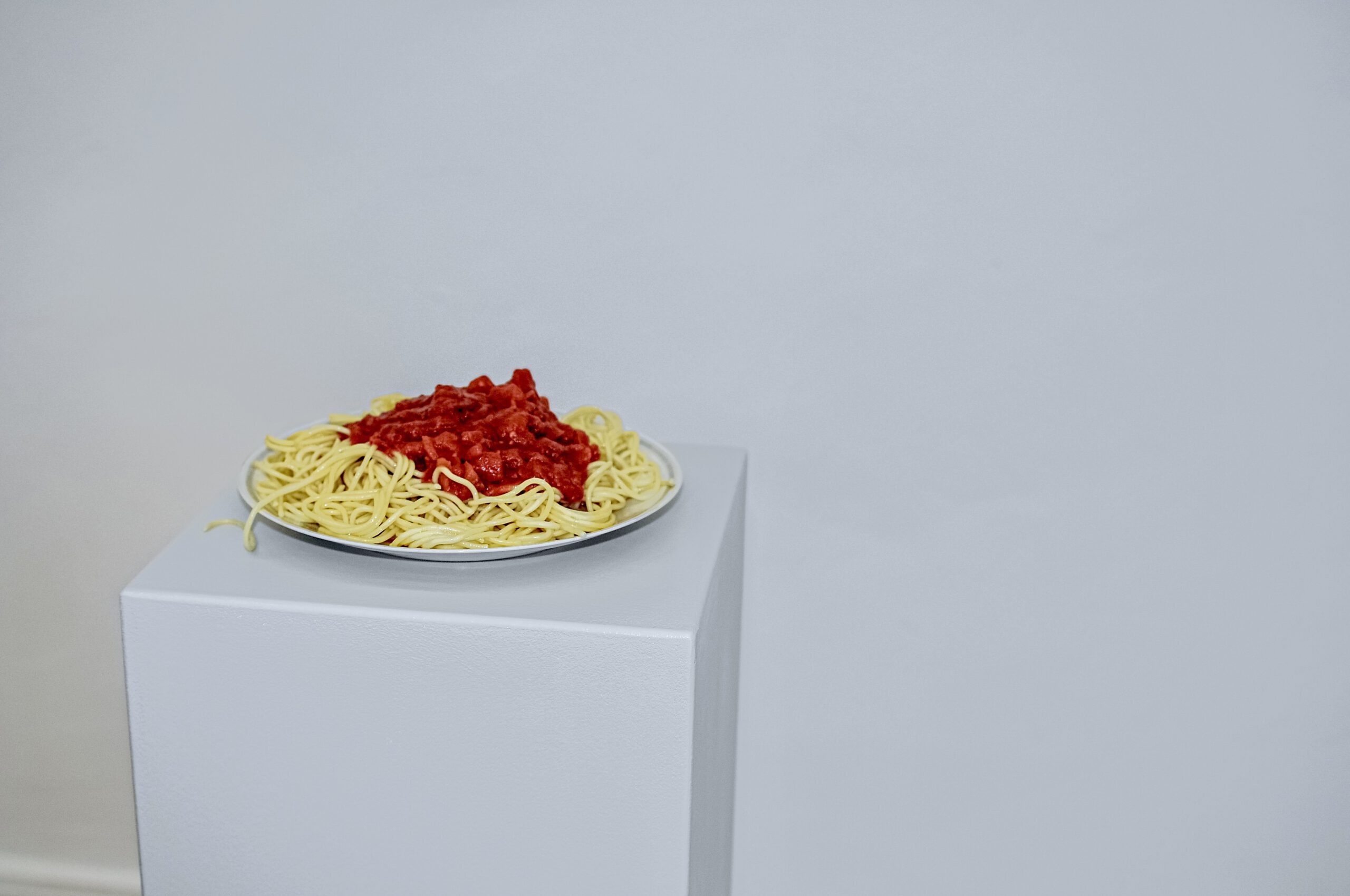 Pasta on a pedestal, readymade by artist Laura Mahnke