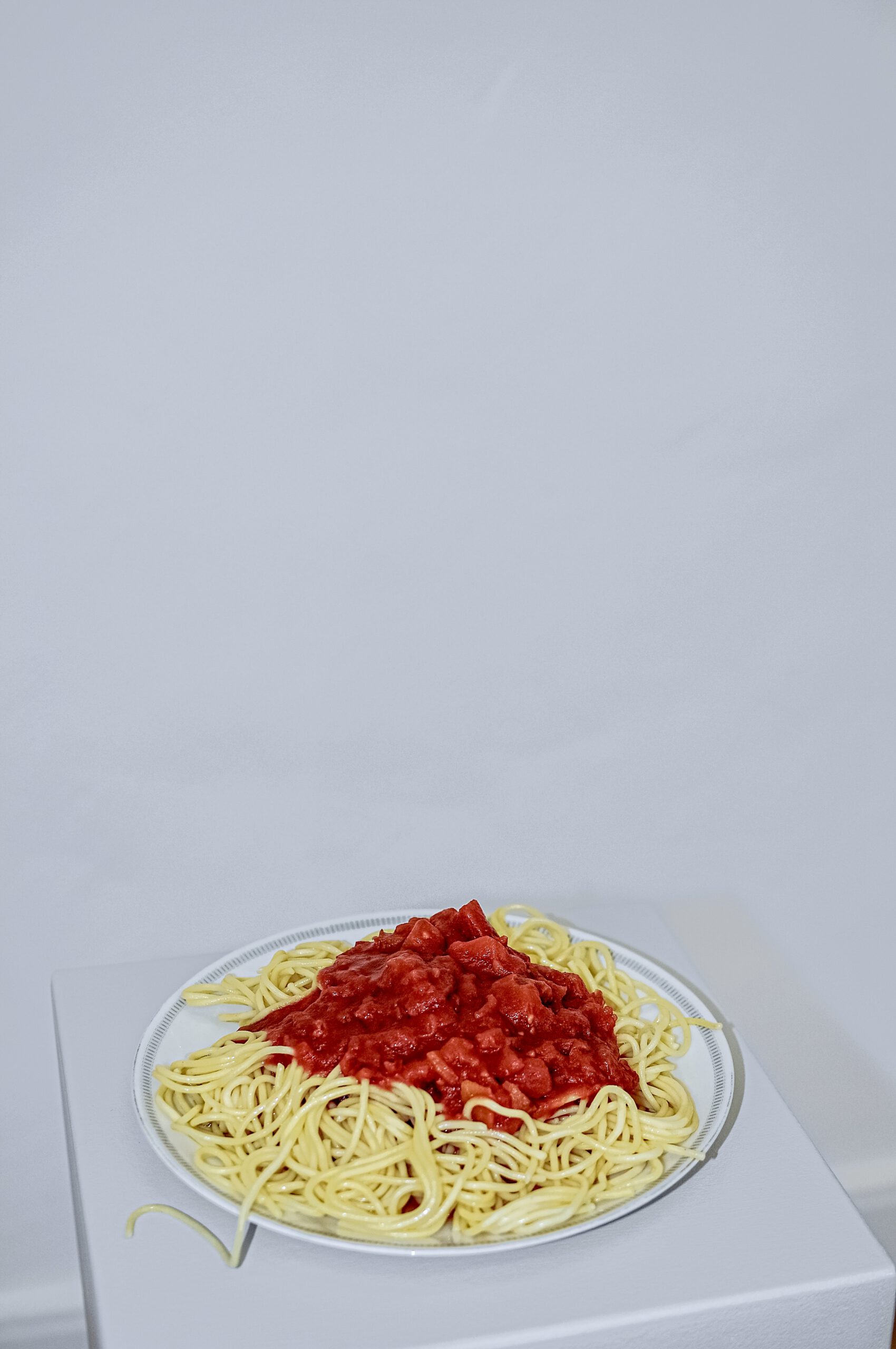 Pasta on a pedestal, readymade by artist Laura Mahnke